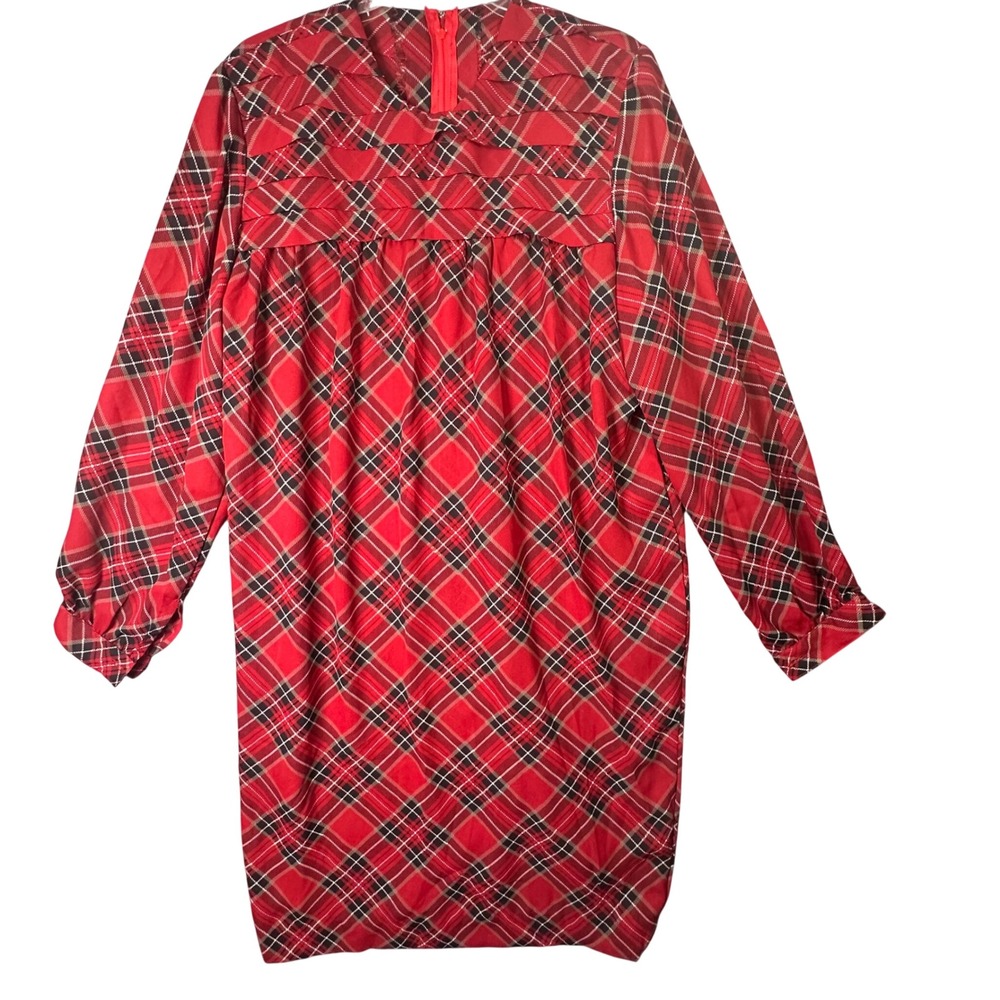 Red Tartan Plaid Shift Dress Pleated Chevron Pockets Vintage‎ Style Career Sz L